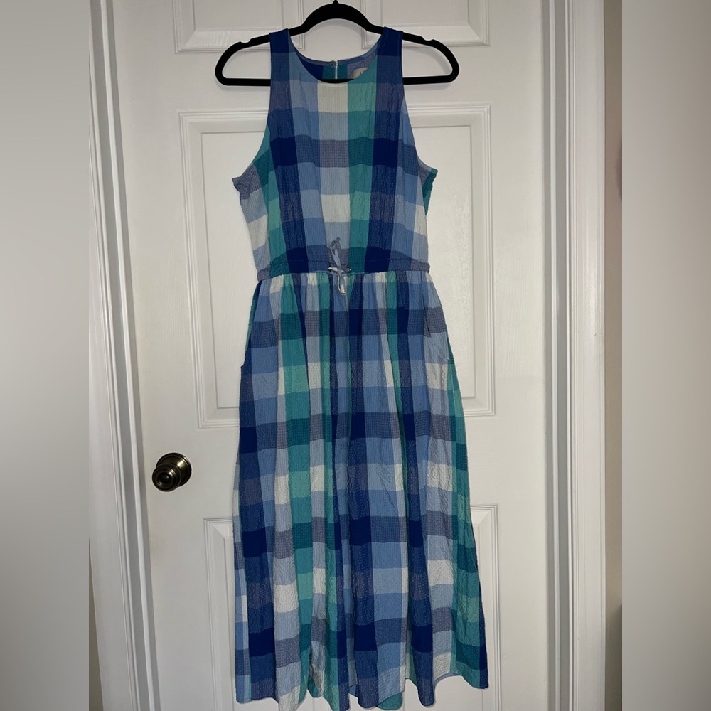 ‼️EUC: Loft Checkered Blue Cross-back Dress W/ Pockets - M